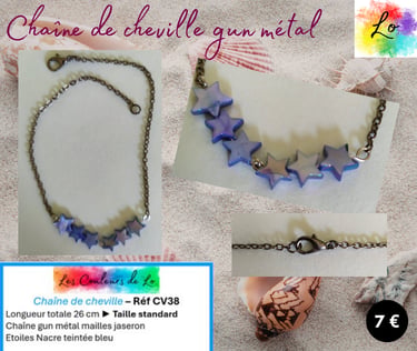 Chaîne de cheville gun métal étoiles Nacre bleue Les Couleurs de Lo