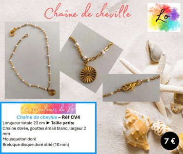 Chaîne de cheville mailles gouttes émail blanc disque strié acier Les Couleurs de Lo