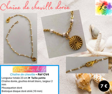 Chaîne de cheville dorée mailles gouttes émail blanc disque strié acier Les Couleurs de Lo