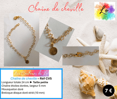 Chaîne de cheville dorée mailles gouttes émail blanc disque métal strié Les Couleurs de Lo