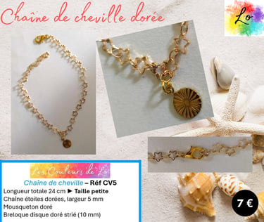 Chaîne de cheville dorée mailles étoiles disque strié acier Les Couleurs de Lo