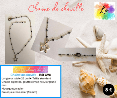 Chaîne de cheville argentée mailles gouttes émail noir étoile acier Les Couleurs de Lo