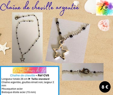 Chaîne de cheville argentée mailles gouttes émail noir étoile acier Les Couleurs de Lo