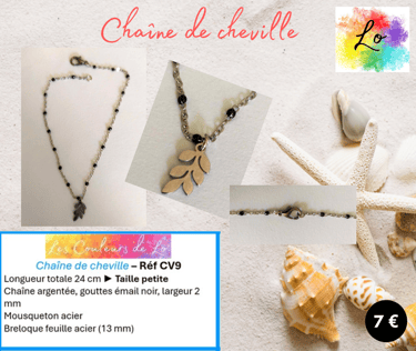 Chaîne de cheville argentée mailles gouttes émail noir feuille acier Les Couleurs de Lo