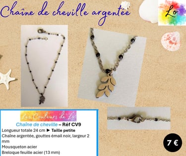 Chaîne de cheville argentée mailles gouttes émail noir feuille acier Les Couleurs de Lo