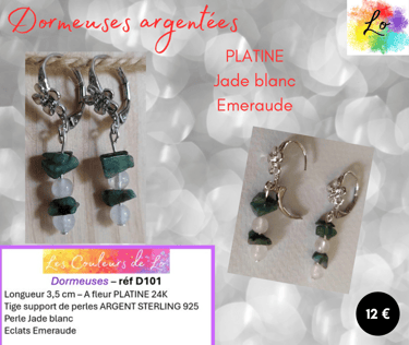 Boucles dormeuses platine Jade blanc Emeraude Les Couleurs de Lo