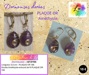 Boucles dormeuses Plaqué or Améthyste Les Couleurs de Lo