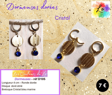 Boucles dormeuses dorées disque métal strié cristal bleu Les Couleurs de Lo