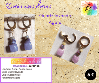 Boucles dormeuses dorées Quartz lavande Agate Les Couleurs de Lo