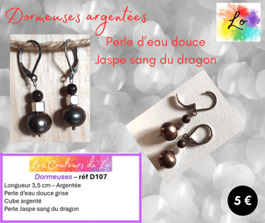 Boucles dormeuses argentées perle d'eau douce cube métal Jaspe sang du dragon Les Couleurs de Lo
