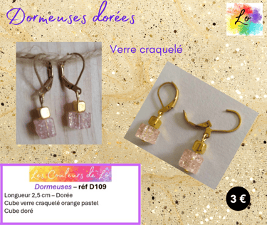 Boucles dormeuses dorées verre craquelé rose cube acier Les Couleurs de Lo