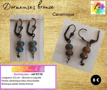 Boucles dormeuses bronze céramique bleu moucheté étoile acier Les Couleurs de Lo