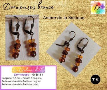 Boucles dormeuses bronze Ambre cognac et miel Les Couleurs de Lo