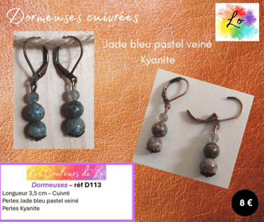 Boucles dormeuses cuivrées Jade bleu pastel veiné Kyanite Les Couleurs de Lo
