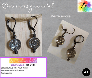 Boucles dormeuses gun métal verre nacré à reliefs perles acier Les Couleurs de Lo