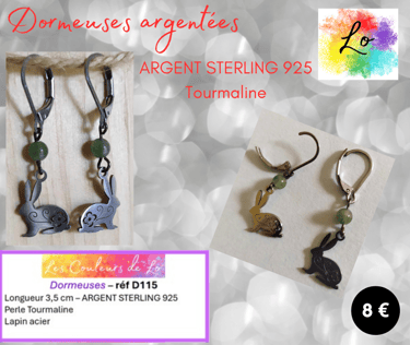 Boucles dormeuses Argent Sterling 925 Tourmaline lapin acier Les Couleurs de Lo
