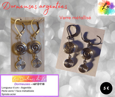 Boucles dormeuses argentées verre à reliefs spirale acier Les Couleurs de Lo