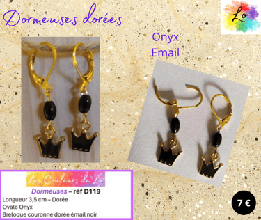 Boucles dormeuses dorées Onyx couronne émail noir Les Couleurs de Lo