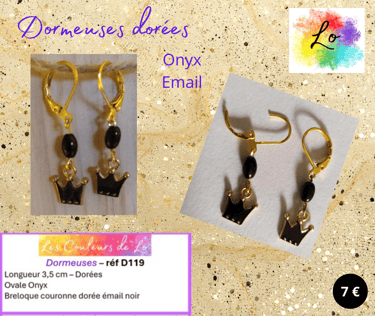 Boucles dormeuses dorées Onyx couronne émail noir Les Couleurs de Lo