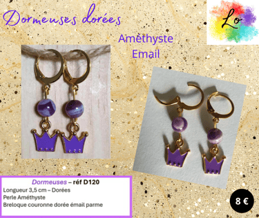 Boucles dormeuses dorées Améthyste couronne émail violet Les Couleurs de Lo