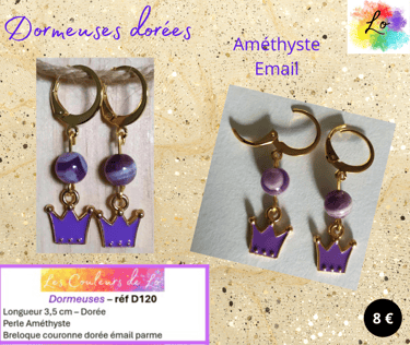 Boucles dormeuses dorées Améthyste couronne émail violet Les Couleurs de Lo