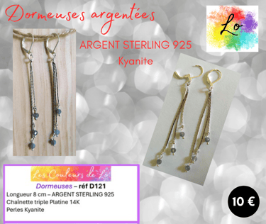 Boucles dormeuses Argent Sterling chaînette triple Kyanite Les Couleurs de Lo