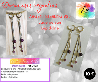 Boucles dormeuses Argent Sterling chaînette triple Jade persan Lépidolite Les Couleurs de Lo