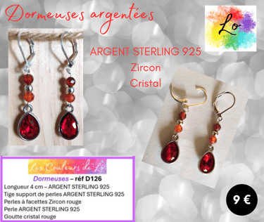 Boucles dormeuses Argent Sterling Zircon cristal rouge Les Couleurs de Lo