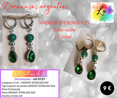 Boucles dormeuses Argent Sterling Emeraude cristal vert Les Couleurs de Lo