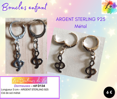 Boucles dormeuses Argent Sterling clé de sol métal Les Couleurs de Lo