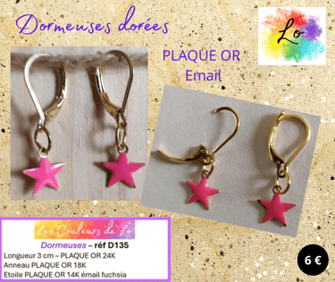 Boucles dormeuses Plaqué or étoile Plaque or émail fuchsia Les Couleurs de Lo
