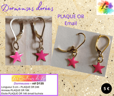 Boucles dormeuses Plaqué or étoile Plaque or émail fuchsia Les Couleurs de Lo