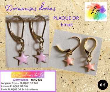 Boucles dormeuses Plaqué or étoile Plaque or émail rose Les Couleurs de Lo