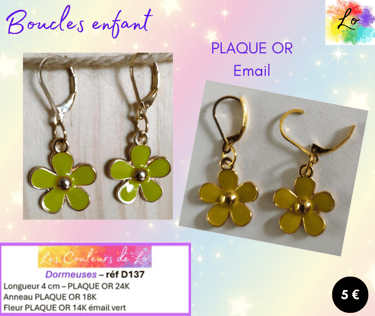 Boucles dormeuses Plaqué or fleur émail vert Les Couleurs de Lo