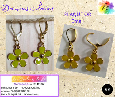 Boucles dormeuses Plaqué or fleur émail vert Les Couleurs de Lo
