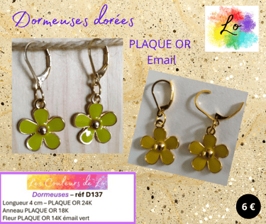 Boucles dormeuses Plaqué or fleur émail vert Les Couleurs de Lo