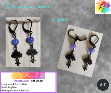 Boucles dormeuses noires Angélite arbre acier noir Les Couleurs de Lo