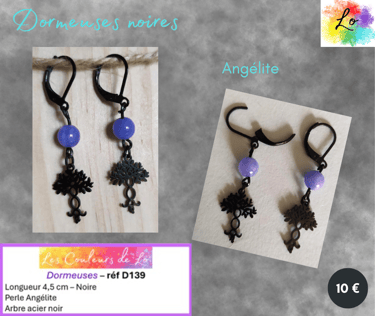 Boucles dormeuses noires Angélite arbre acier noir Les Couleurs de Lo