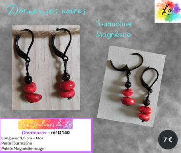 Boucles dormeuses noires Magnésite rouge Tourmaline Les Couleurs de Lo