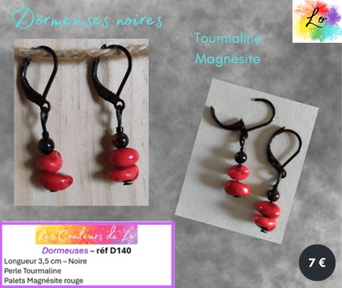 Boucles dormeuses noires Magnésite rouge Tourmaline Les Couleurs de Lo