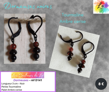 Boucles dormeuses noires Ambre cerise Tourmaline Les Couleurs de Lo