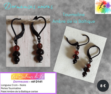 Boucles dormeuses noires Ambre cerise Tourmaline Les Couleurs de Lo