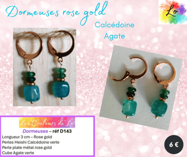 Boucles dormeuses rose gold Calcédoine Agate verte Les Couleurs de Lo