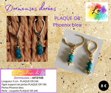 Boucles dormeuses Plaqué or Phoenix bleu perle coupelle Plaqué or Les Couleurs de Lo