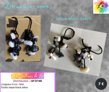 Boucles dormeuses noires Jaspe black zebra Les Couleurs de Lo