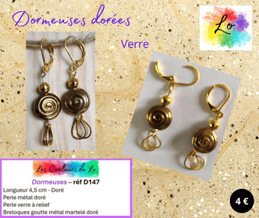 Dormeuses dorées verre à relief gouttes métal martelé Les Couleurs de Lo