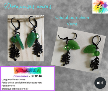 Dormeuses noires cristal autrichien vert feuille verre arbre acier noir Les Couleurs de Lo