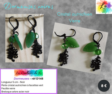 Dormeuses noires cristal autrichien vert feuille verre arbre acier noir Les Couleurs de Lo