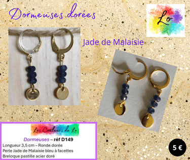 Boucles dormeuses dorées Jade de Malaisie bleu pastille dorée Les Couleurs de Lo