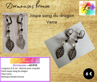 Boucles dormeuses bronze Jaspe sang du dragon feuille métal fleur verre Les Couleurs de Lo